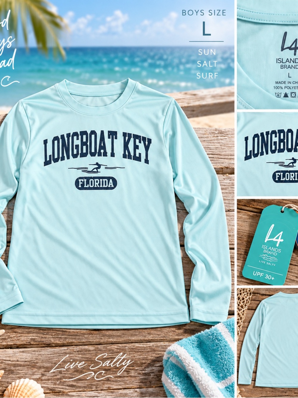 Island Company Kids Swim Rashguard - Light Aqua with Navy Print